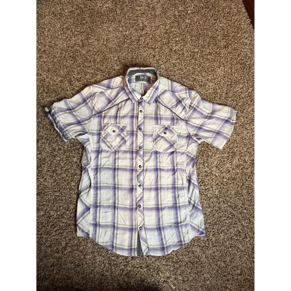 BKE‎ Athletic Fit Mens XL Purple Plaid Short Sleeve Western Snap Button Shirt